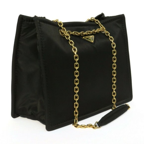 Prada Black Nylon Gold Chain Convertible Crossbody Shoulder Shopping Tote - Picture 5 of 7